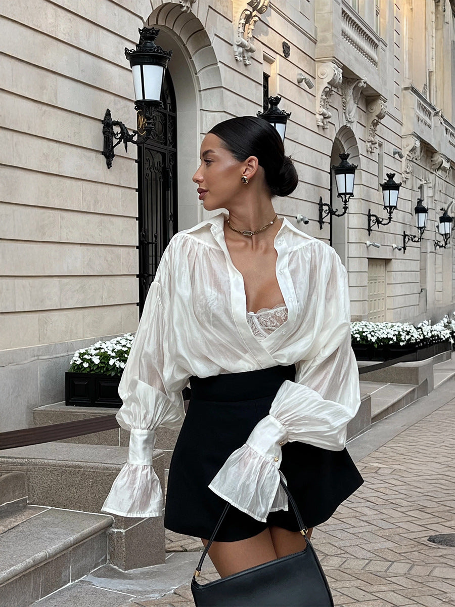 Northern Breeze Satin Lantern Sleeve Shirt