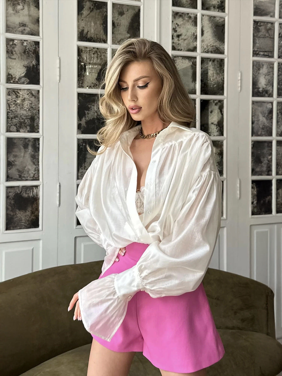 Northern Breeze Satin Lantern Sleeve Shirt